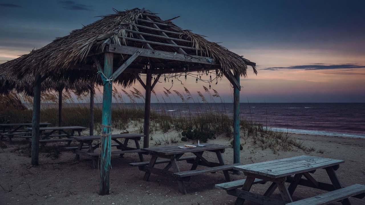 Beach palapa and dunes at twilight